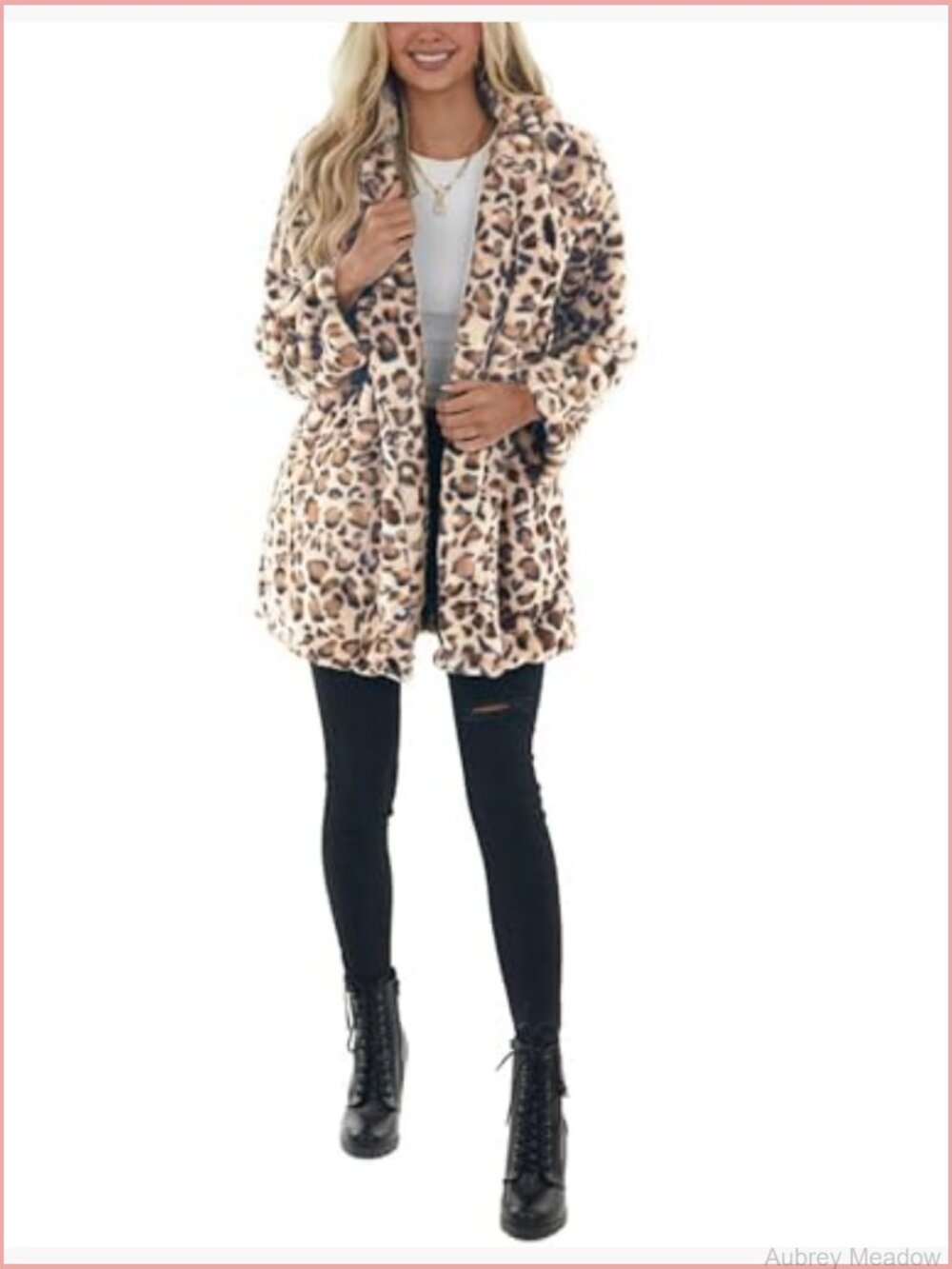 Faux Fur Jacket Leopard Coat Loose Open Front with Pockets - Picture 4 of 7